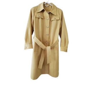 Vintage FORECASTER OF‎ BOSTON Women's Yellow Trench Rain Coat SZ 9/10 Belt Pearl